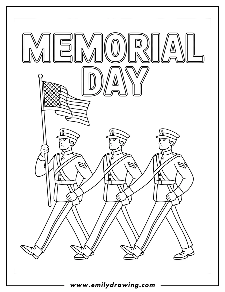 Line art of three soldiers marching in uniform. One soldier holds an American flag. The words