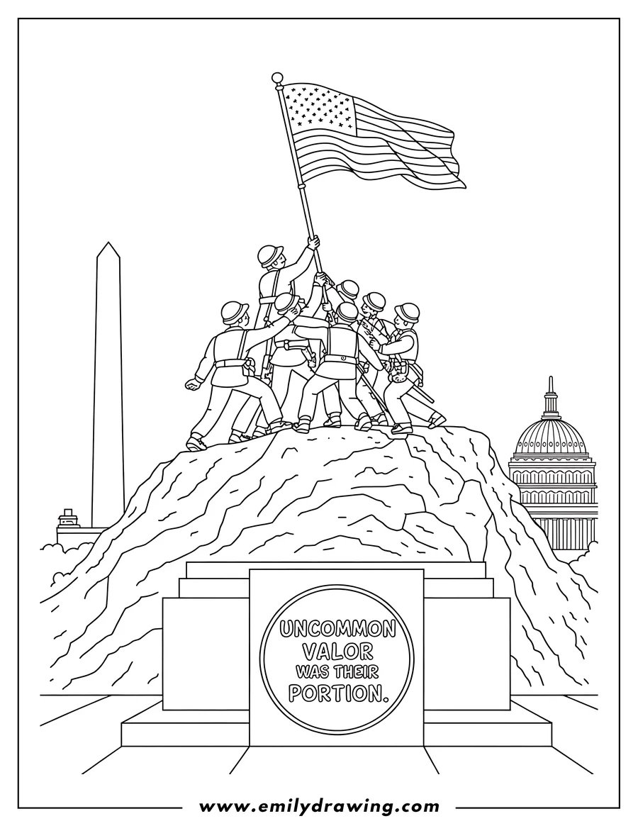 Line art of soldiers raising the American flag at the Iwo Jima Memorial, with the Washington Monument and US Capitol Building in the background.