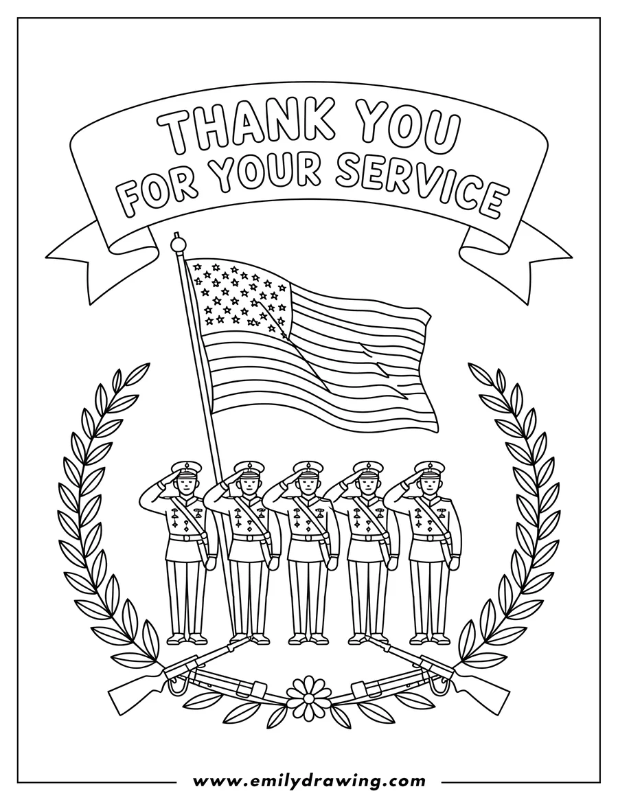 Line art of soldiers saluting the American flag with a banner reading 'Thank You for Your Service', framed by laurel branches and rifles.