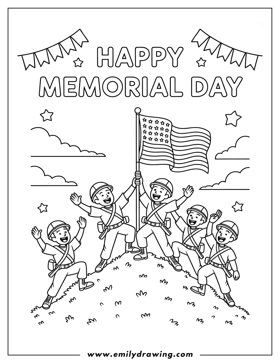 Line art of four smiling soldiers holding up an American flag on a grassy hilltop. The words 'Happy Memorial Day' are written at the top, along with festive bunting and stars.
