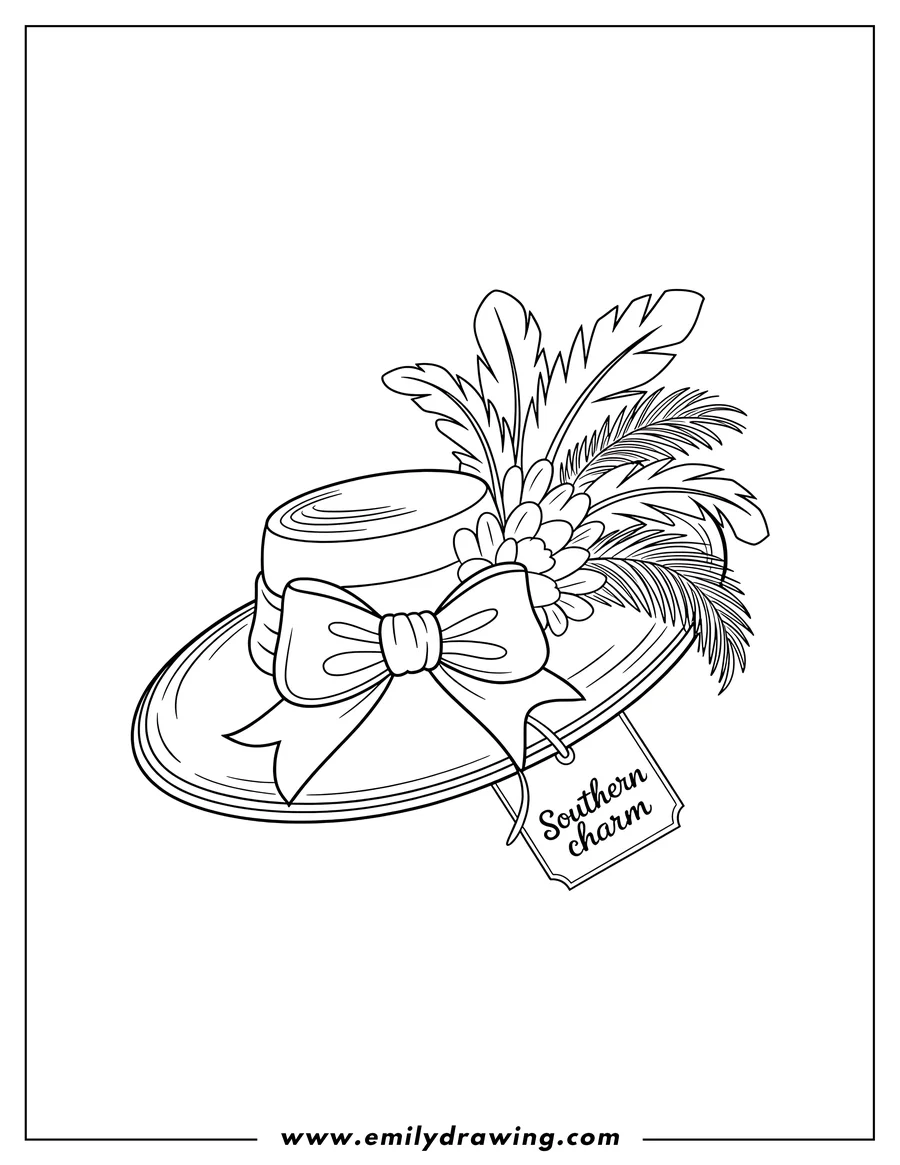 Outline of a wide-brimmed hat decorated with a bow, feathers, and flowers. A tag attached reads 'Southern Charm'.