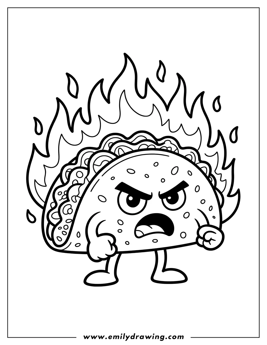 Line art of a spicy taco with flames coming out from behind it. The taco has an angry face.