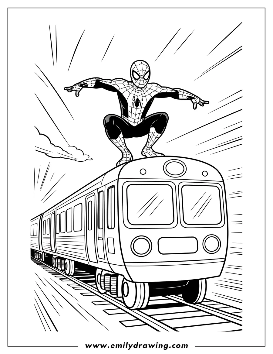 Line art of Spider-Man crouching on top of a speeding train.