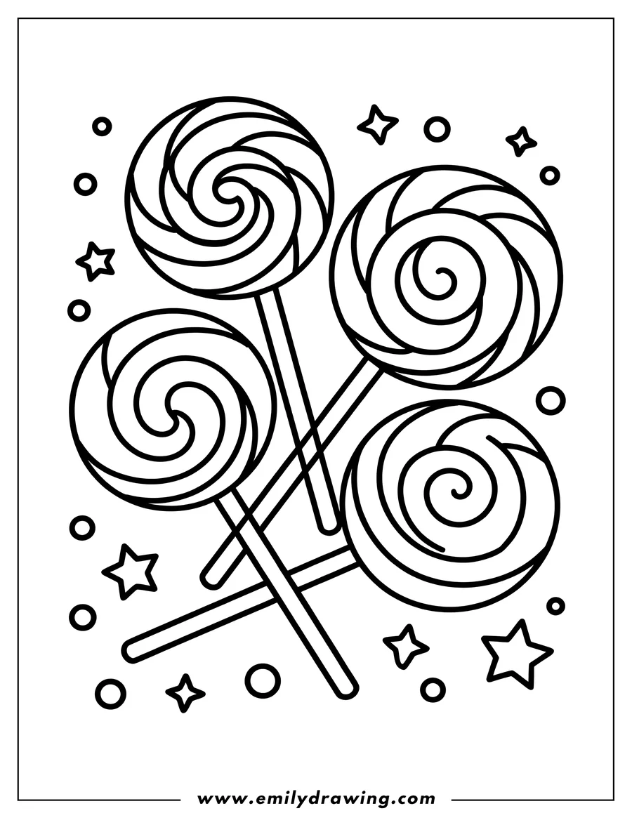Outline of four spiral lollipops with decorative stars and circles.