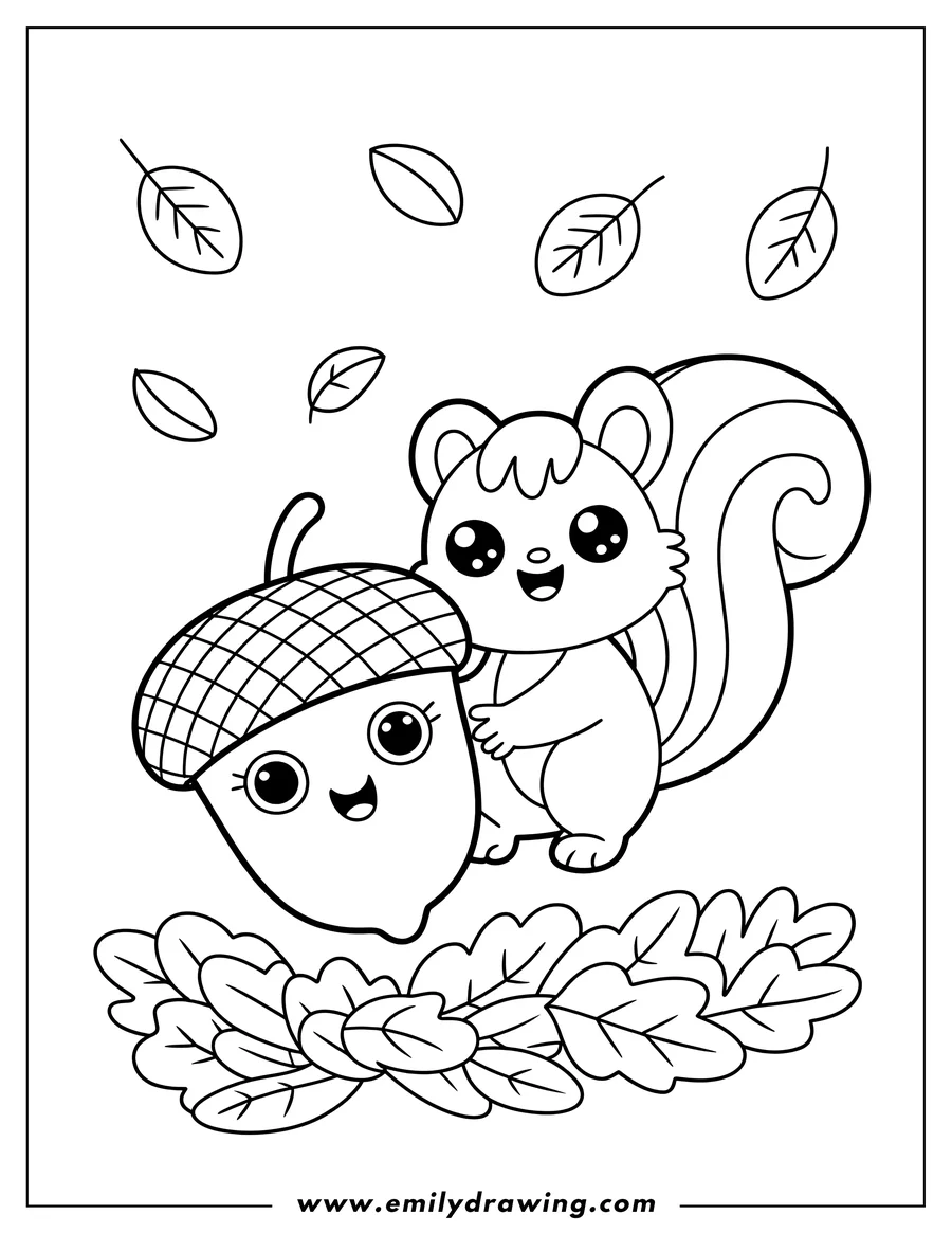 Line art of a playful squirrel hugging a large acorn, surrounded by falling autumn leaves.