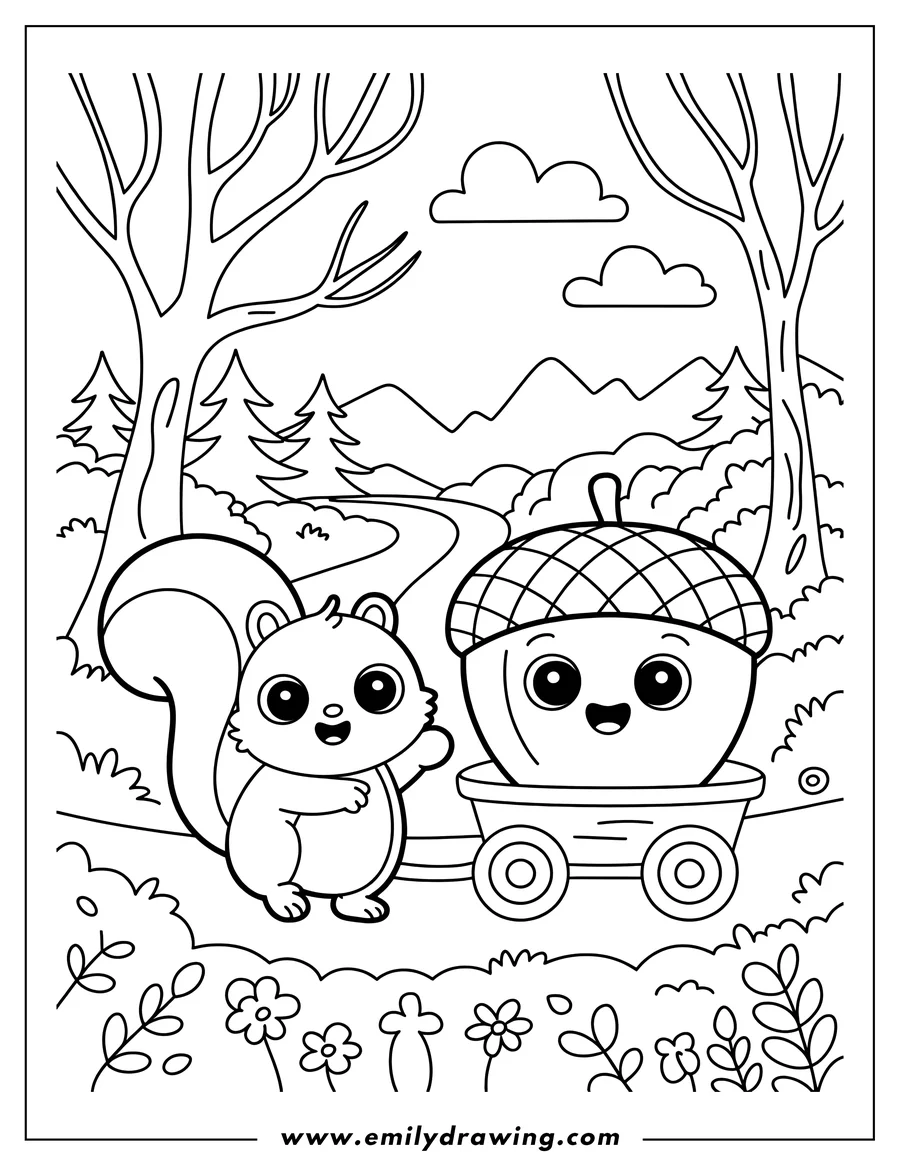 Outline of a cheerful squirrel pulling a wagon with a large, happy acorn inside. They are on a path in a forest setting.