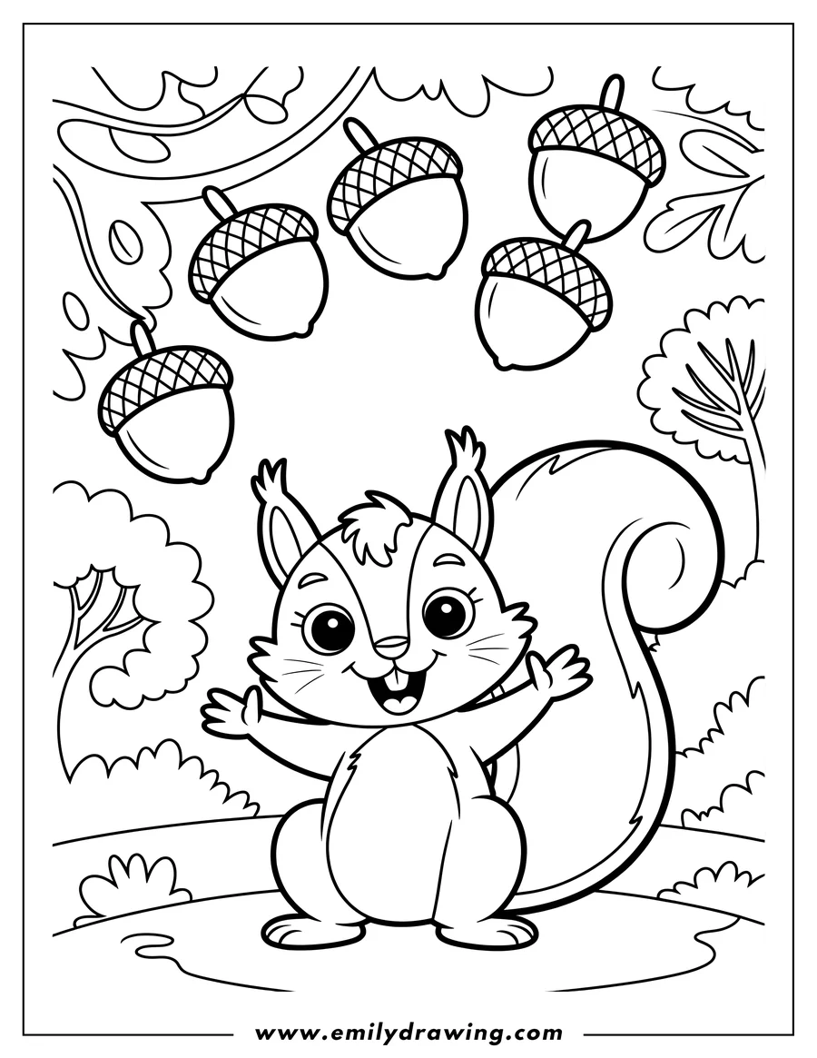 Outline of a cheerful squirrel with acorns and trees in the background.