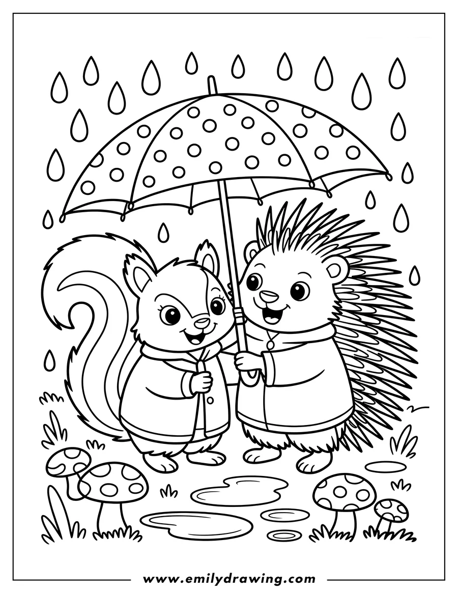 Line art of a squirrel and hedgehog sharing an umbrella in the rain, wearing raincoats and standing near mushrooms and puddles.