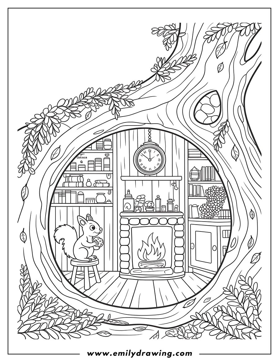 Outline of a squirrel sitting on a stool by a fireplace inside a cozy treehouse. Shelves, a clock, and books are visible in the background.