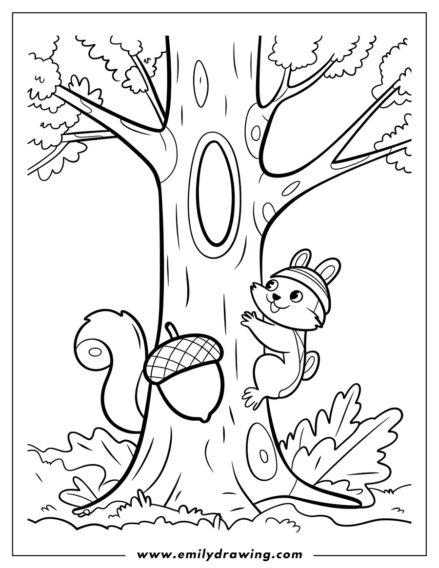 Outline of a squirrel climbing a tree trunk towards an acorn.