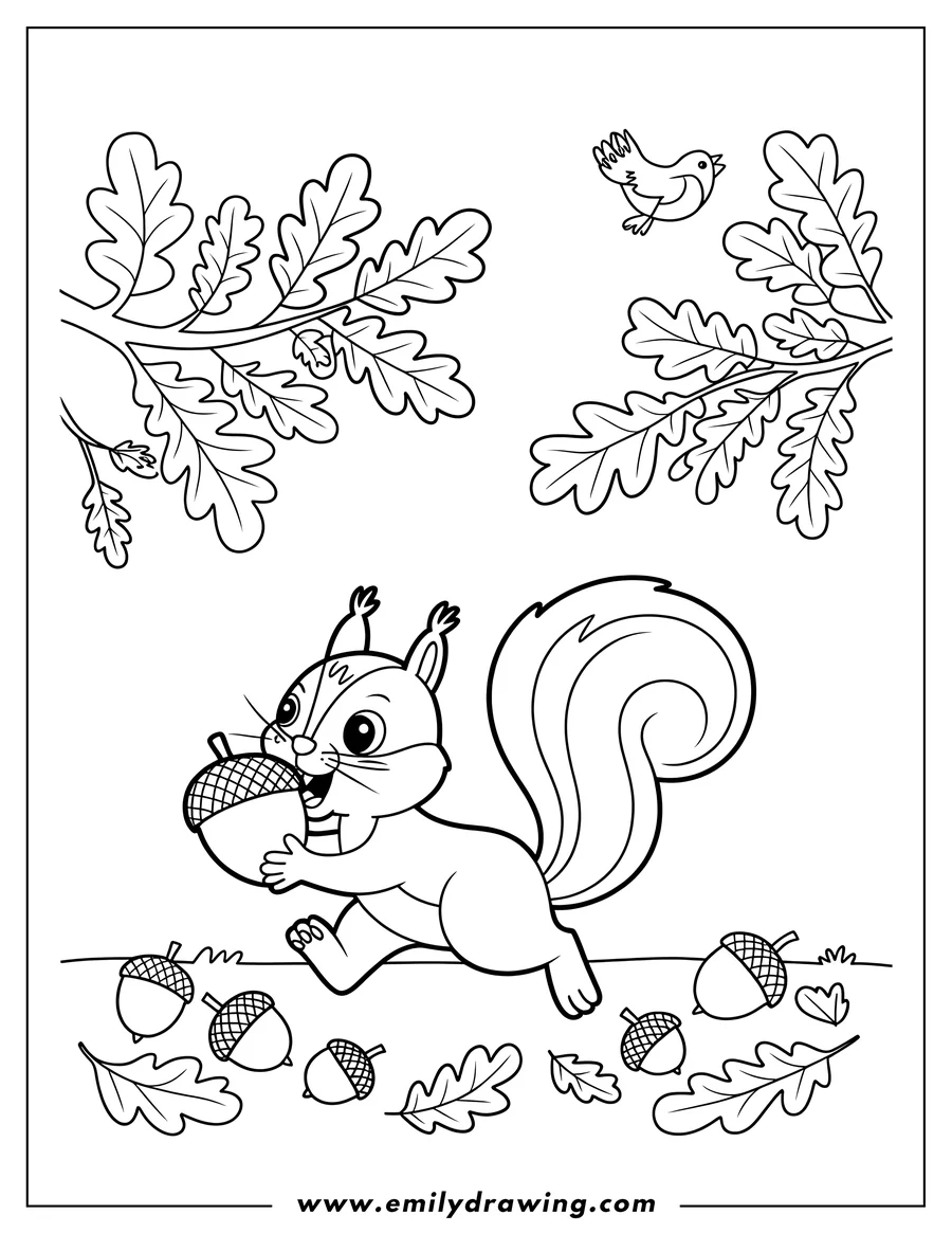 Outline of a playful squirrel holding an acorn, surrounded by fallen acorns and oak leaves, with a small bird flying above among the branches of an oak tree.