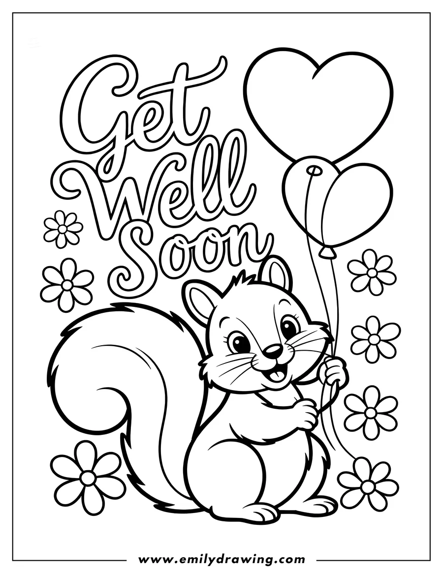 Line art of a cheerful squirrel holding two balloons, one heart-shaped, with the words 