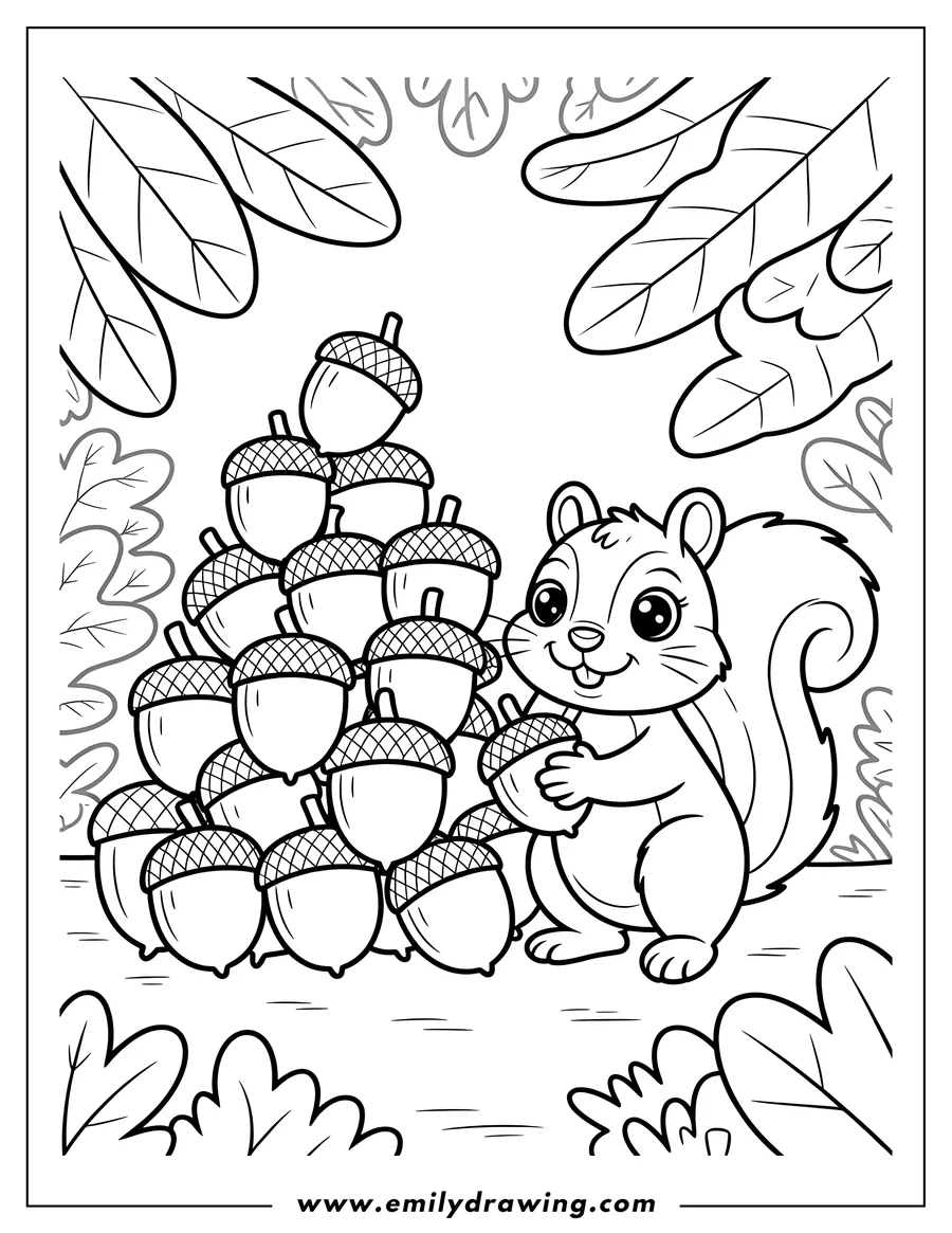 Outline of a cheerful squirrel holding an acorn, surrounded by a pile of acorns and oak leaves.