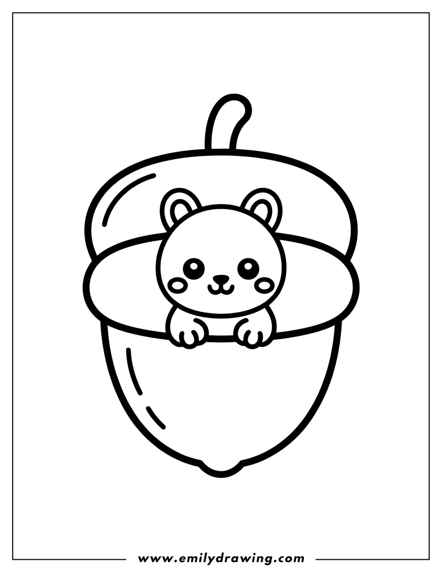 Outline of a squirrel peeking out from inside a large acorn.