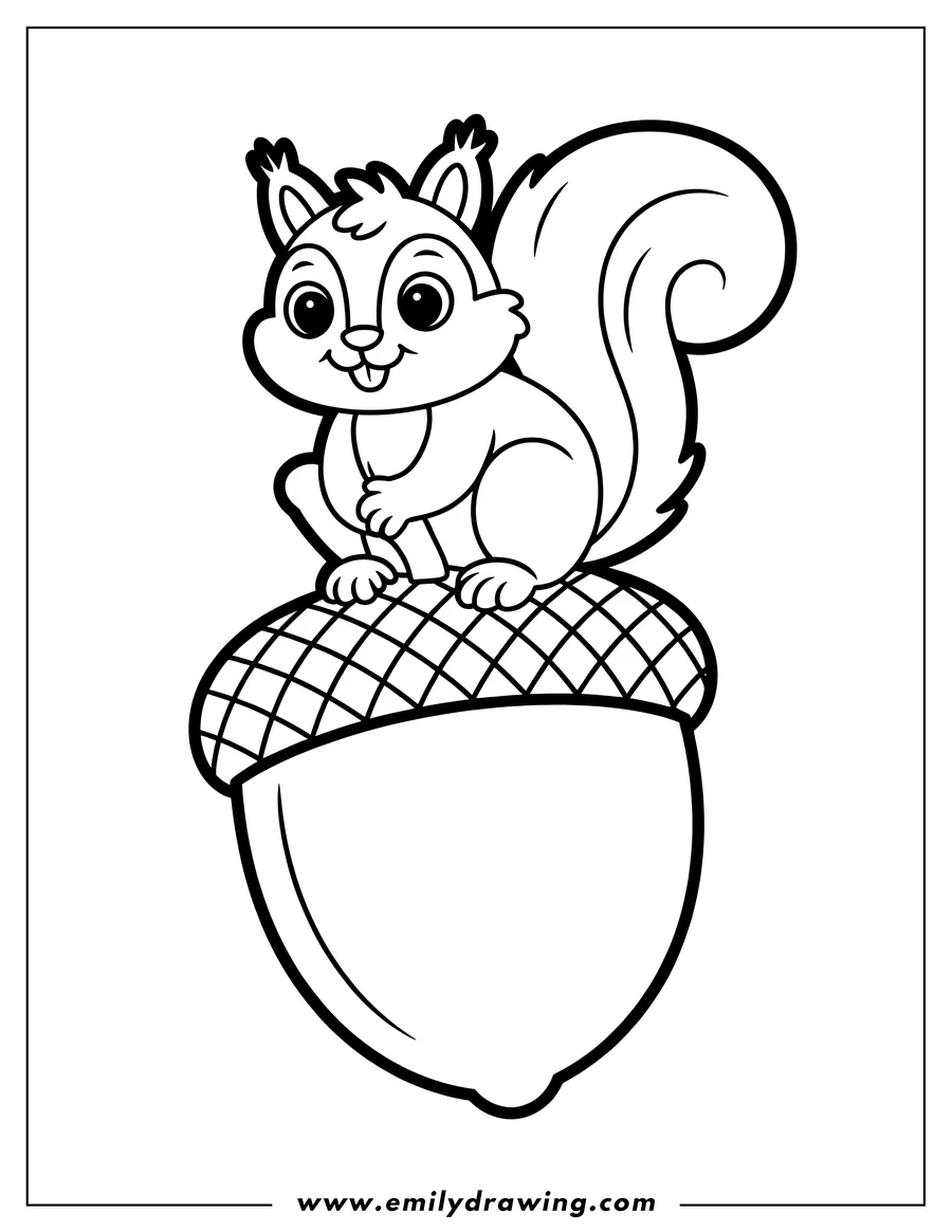 Outline of a cheerful squirrel sitting on top of a large acorn.