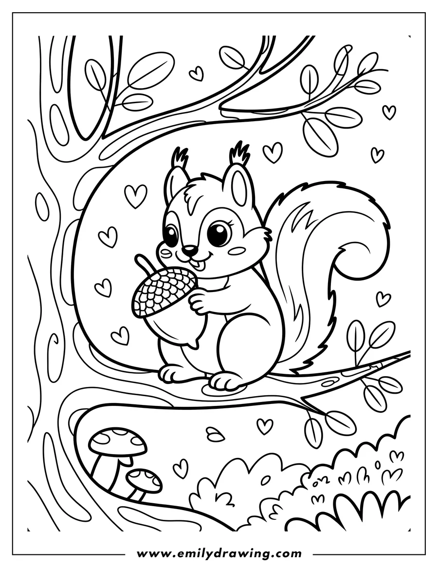 Outline of a squirrel sitting on a tree branch, holding an acorn.  Mushrooms grow at the base of the tree.