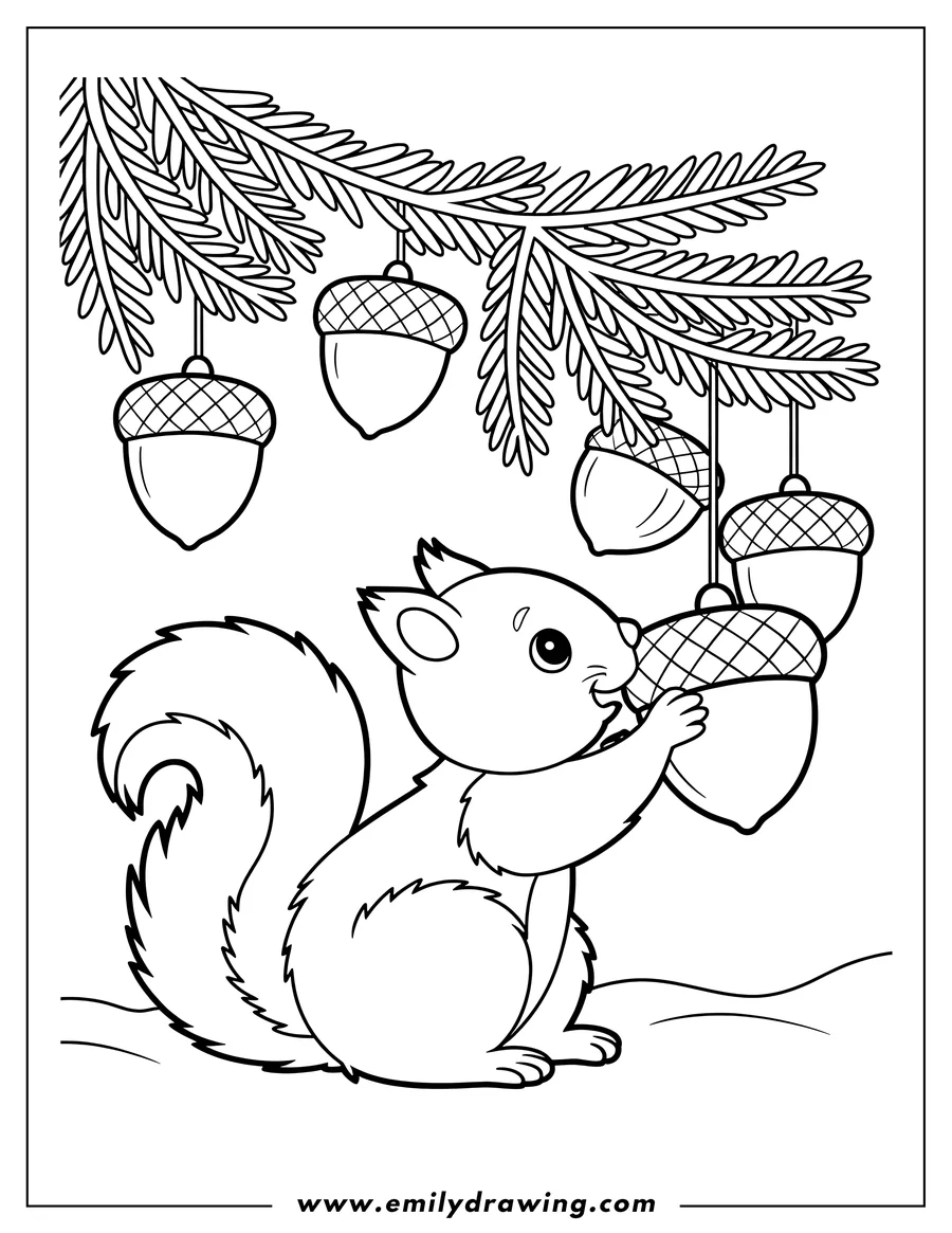 Outline of a squirrel reaching up to an acorn hanging from a branch.
