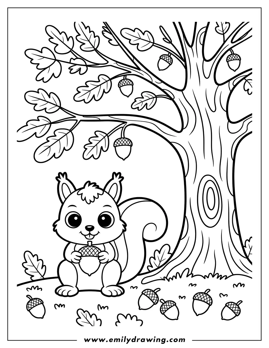 Line art of a squirrel holding an acorn under an oak tree. Several more acorns and fallen leaves lie on the ground.