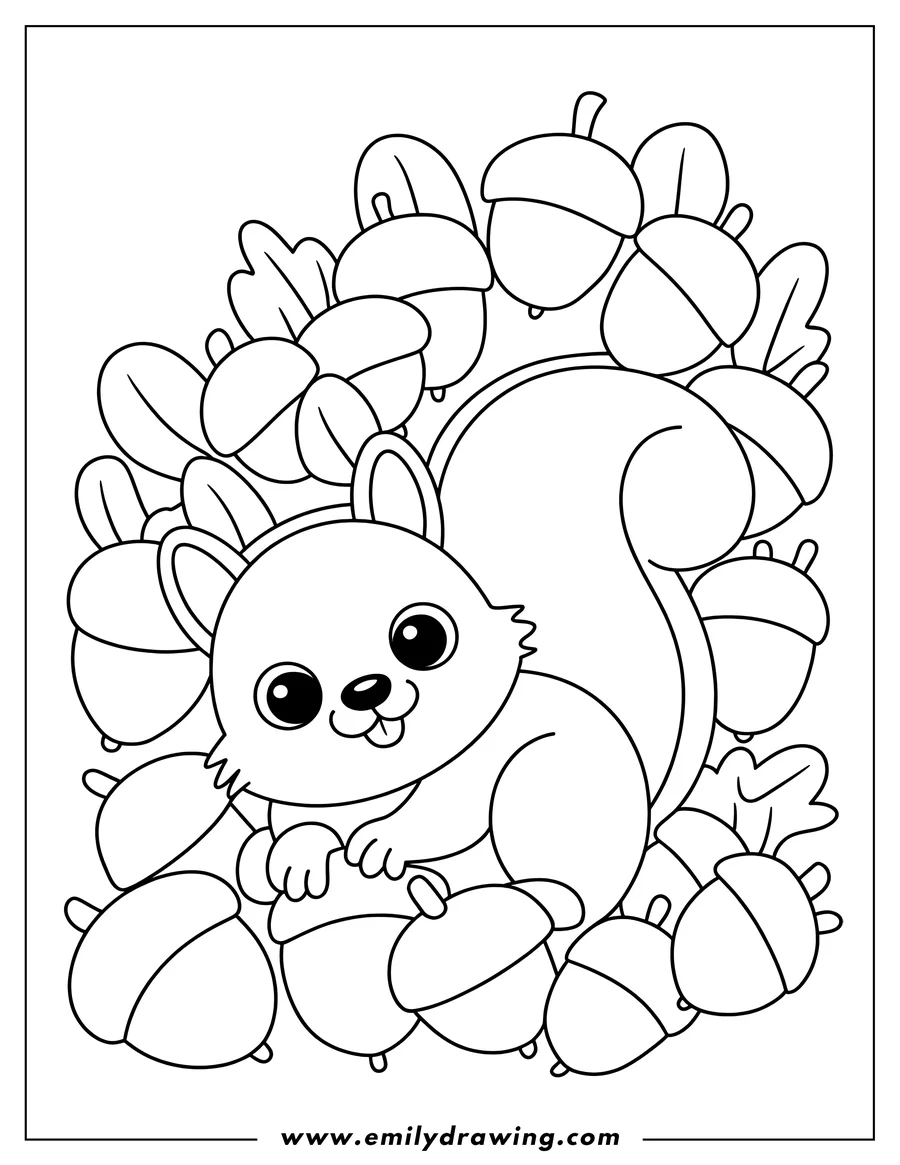 Line art of a cheerful squirrel surrounded by many acorns.