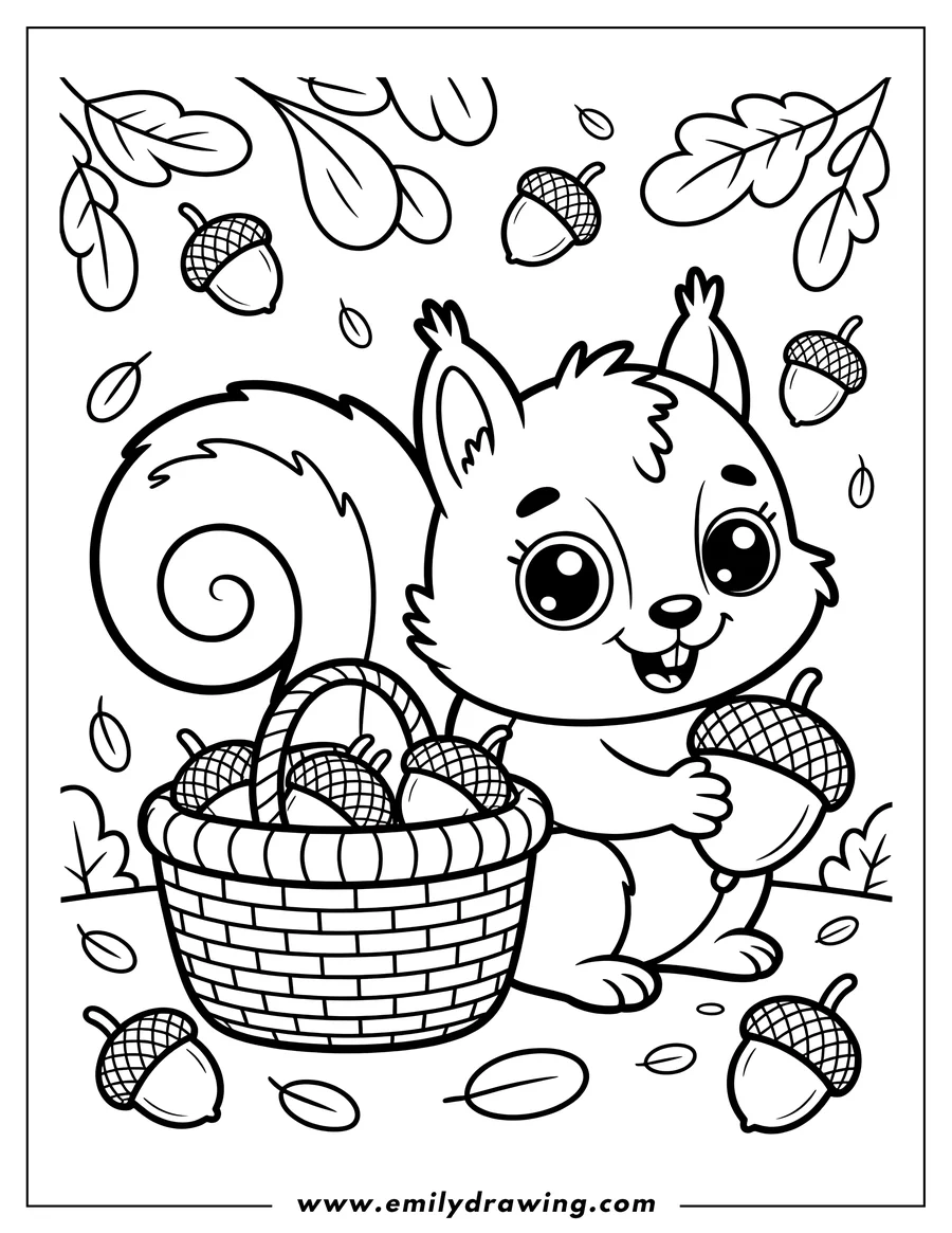 Outline of a cheerful squirrel holding an acorn, with a basket full of acorns beside it.  Fallen leaves and oak leaves suggest an autumn setting.