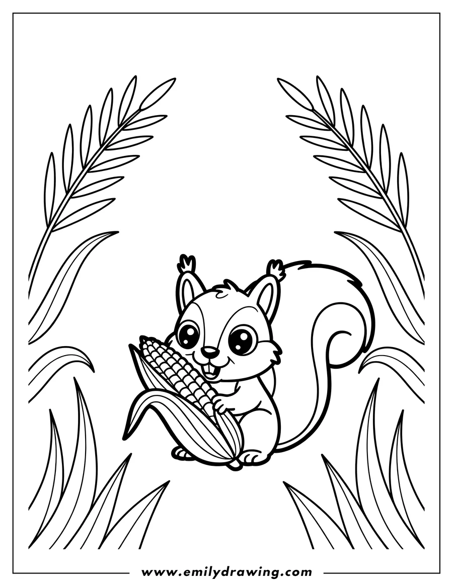 Outline of a cheerful squirrel holding an ear of corn surrounded by tall grass.