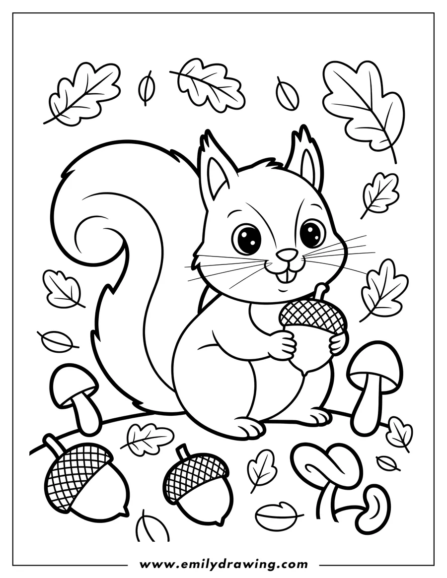 A cheerful squirrel stands among acorns, mushrooms, and fallen oak leaves.  It holds a large acorn.