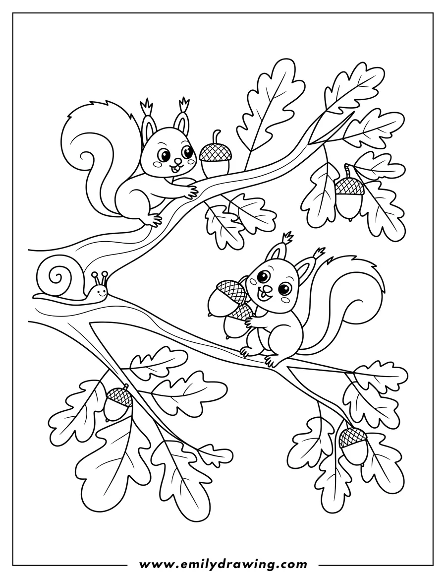 Outline of two squirrels holding acorns on an oak branch with a snail.