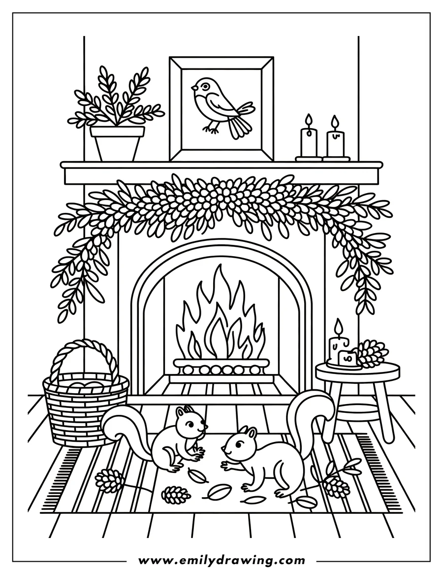 Line art of two squirrels playing on a rug in front of a fireplace. There are pine cones and leaves scattered around them. A garland hangs over the fireplace mantel, which has a potted plant, a framed bird picture, and two lit candles.