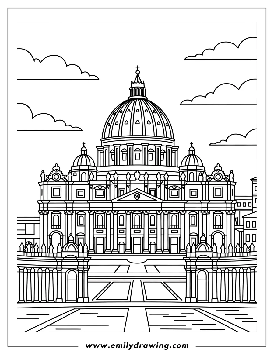 Line art of St. Peter's Basilica in Vatican City. The detailed outline shows the basilica's iconic dome, facade, and surrounding square.