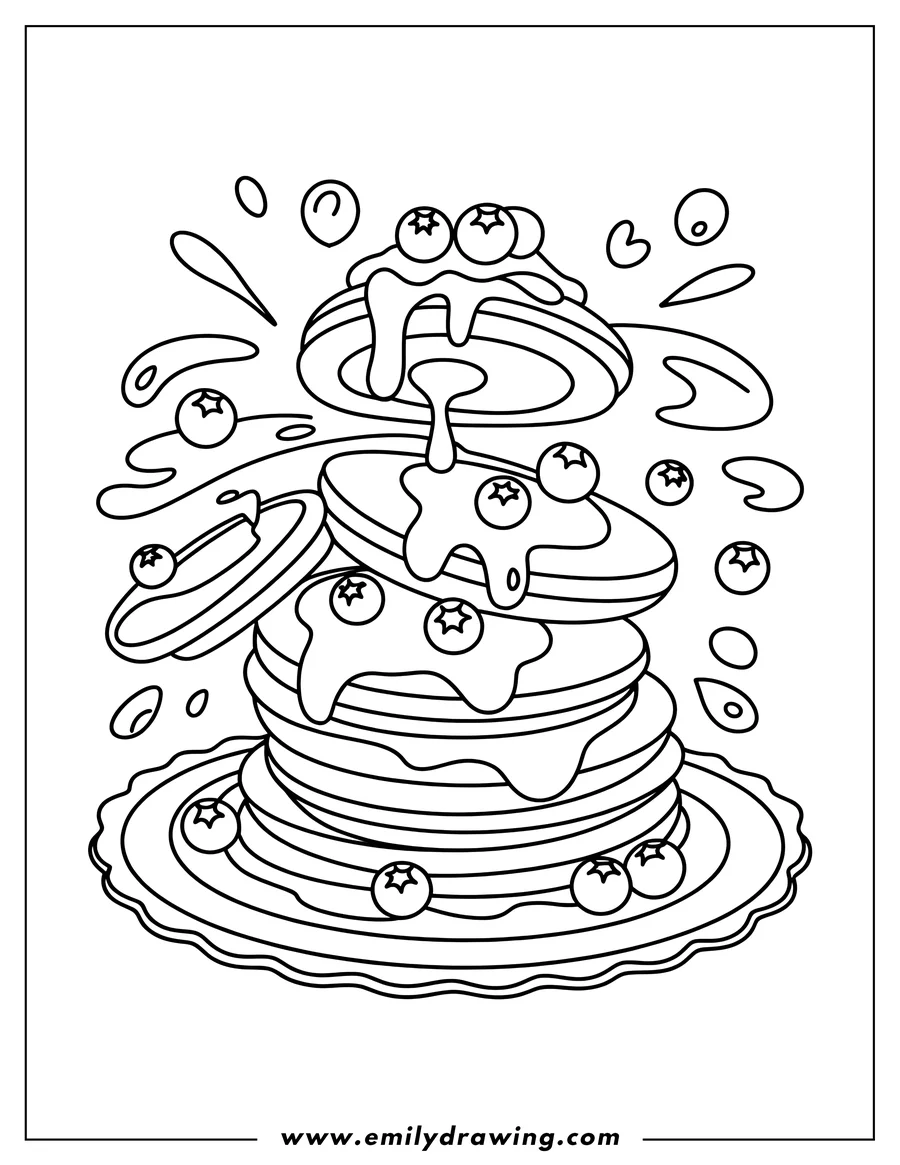 Outline of a tall stack of pancakes topped with blueberries and syrup on a decorative plate.