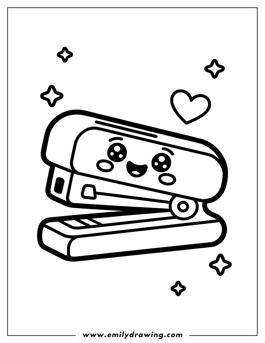 Line art of a happy stapler with a heart. Perfect for a back-to-school coloring activity.