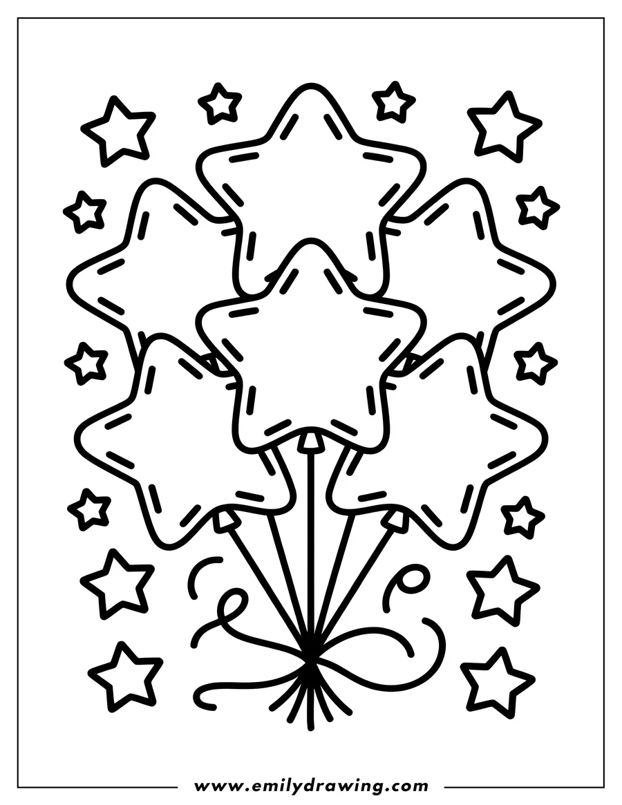 Outline of a bunch of star-shaped balloons tied together, floating amongst small stars.