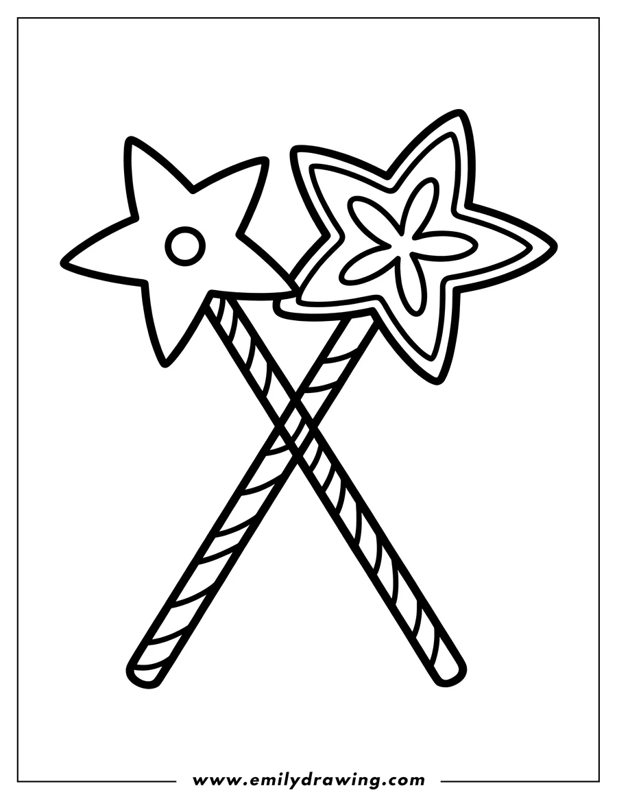 Line art of two crossed star-shaped lollipops, one with a flower detail.