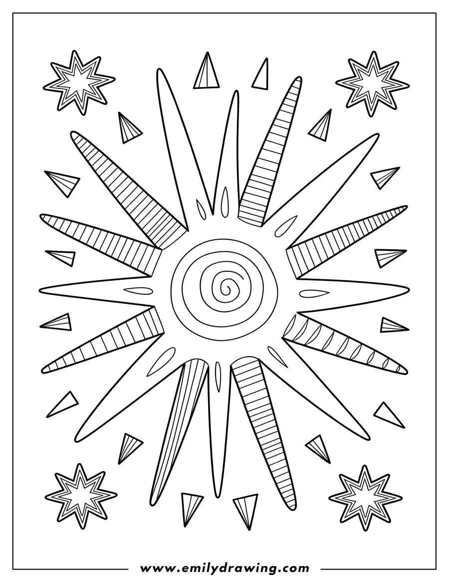 Outline of a starburst surrounded by small eight-pointed stars. Perfect for a colorful fireworks display.