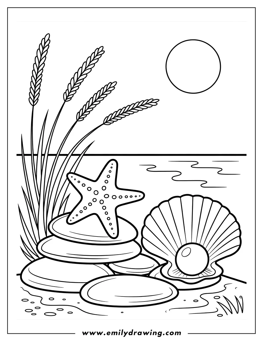 Outline of a starfish and a seashell with a pearl, resting on rocks near the water's edge with seagrass and the sun in the background.