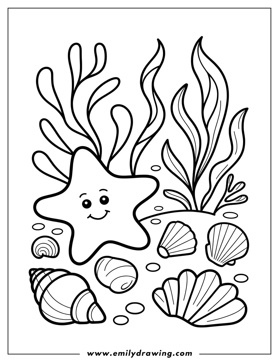 Line art of a smiling starfish surrounded by various seashells and seaweed.