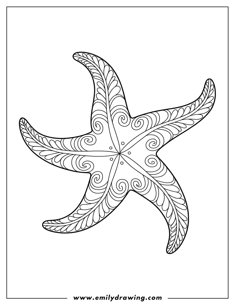 Outline of a starfish with decorative swirls and leaf-like patterns on each of its five arms.