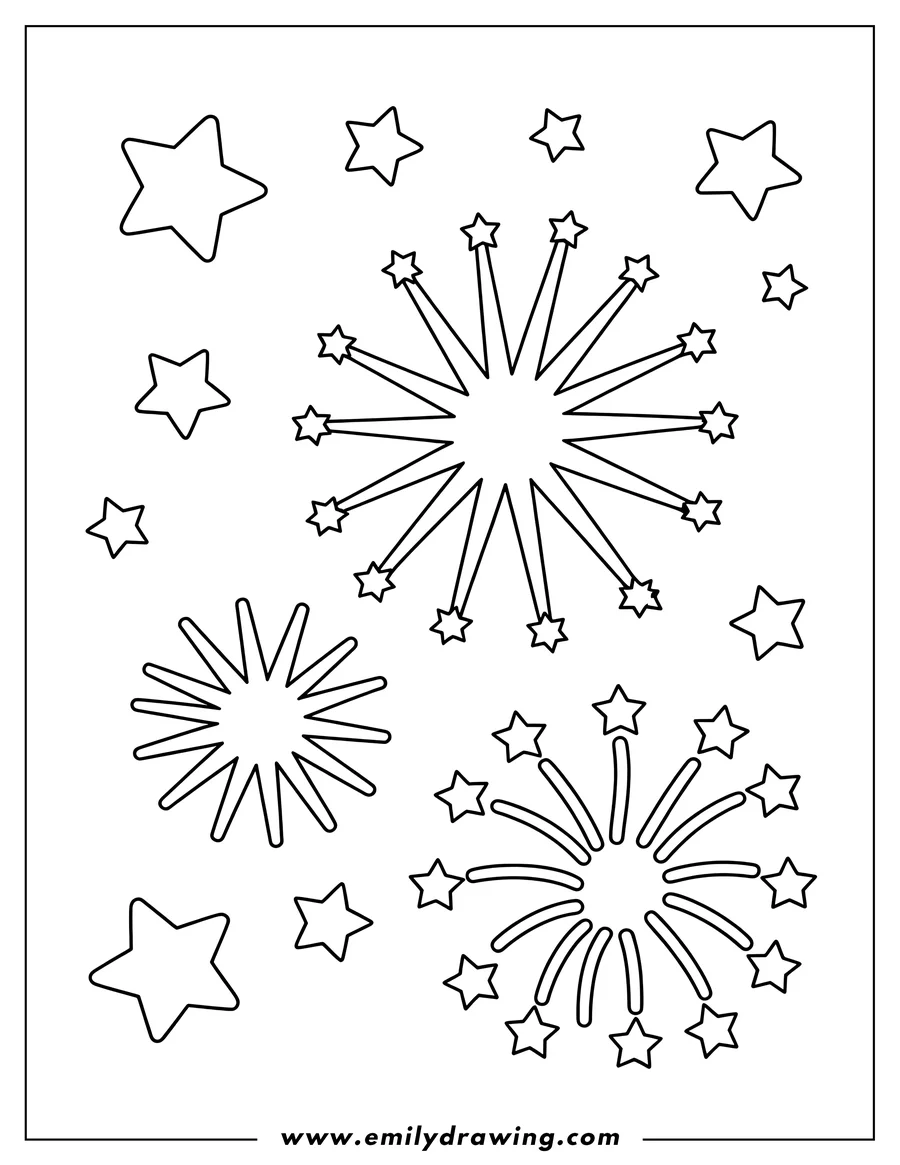 Outline of a starry fireworks display bursting with star shapes. Perfect for adding vibrant colors.