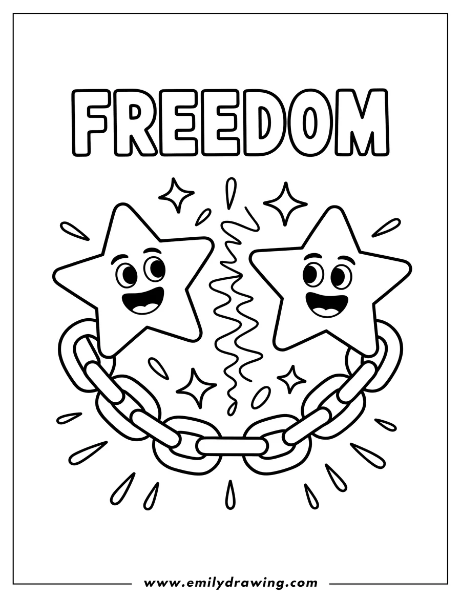 Two smiling stars with a broken chain between them, symbolizing freedom for Juneteenth. Sparkles surround the scene.