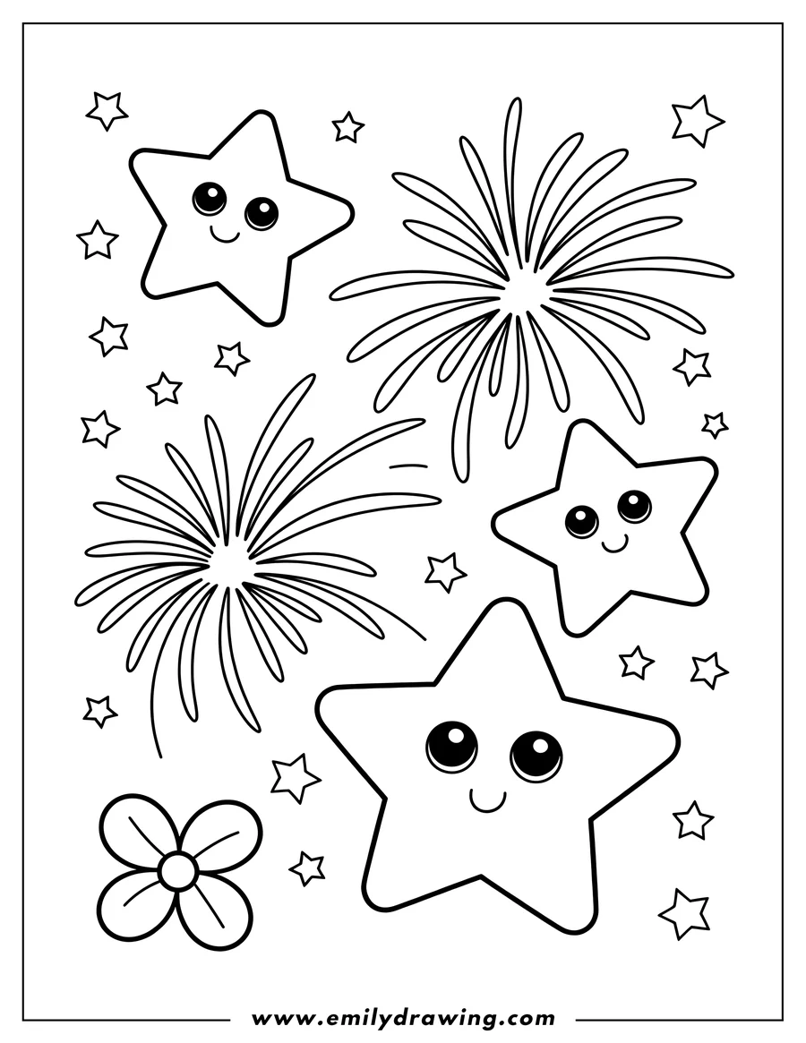 Outline of stars with smiling faces and exploding fireworks.  A small flower is in the bottom left corner.  Several smaller stars surround the larger elements.