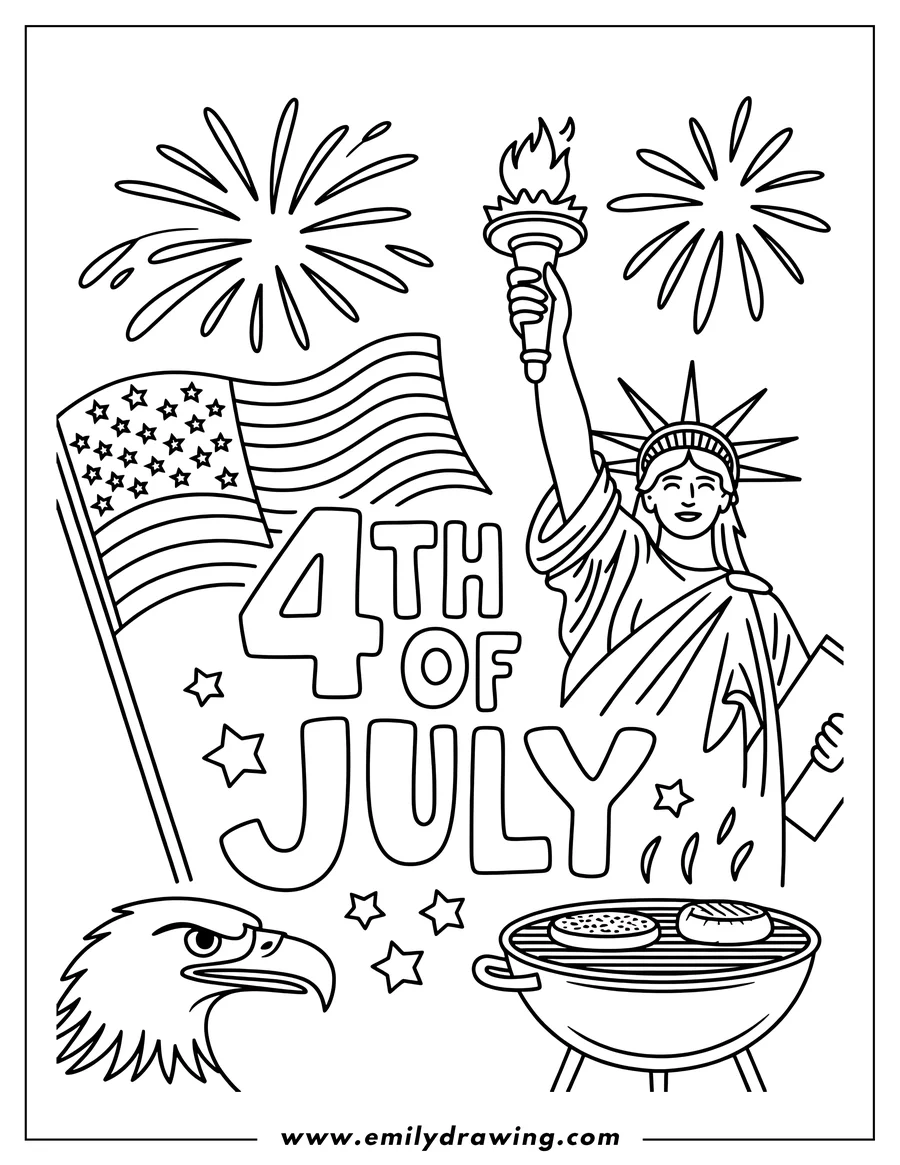 Line art of the Statue of Liberty holding a torch, an American flag, fireworks, an eagle, and a barbecue grill with food, celebrating the 4th of July.