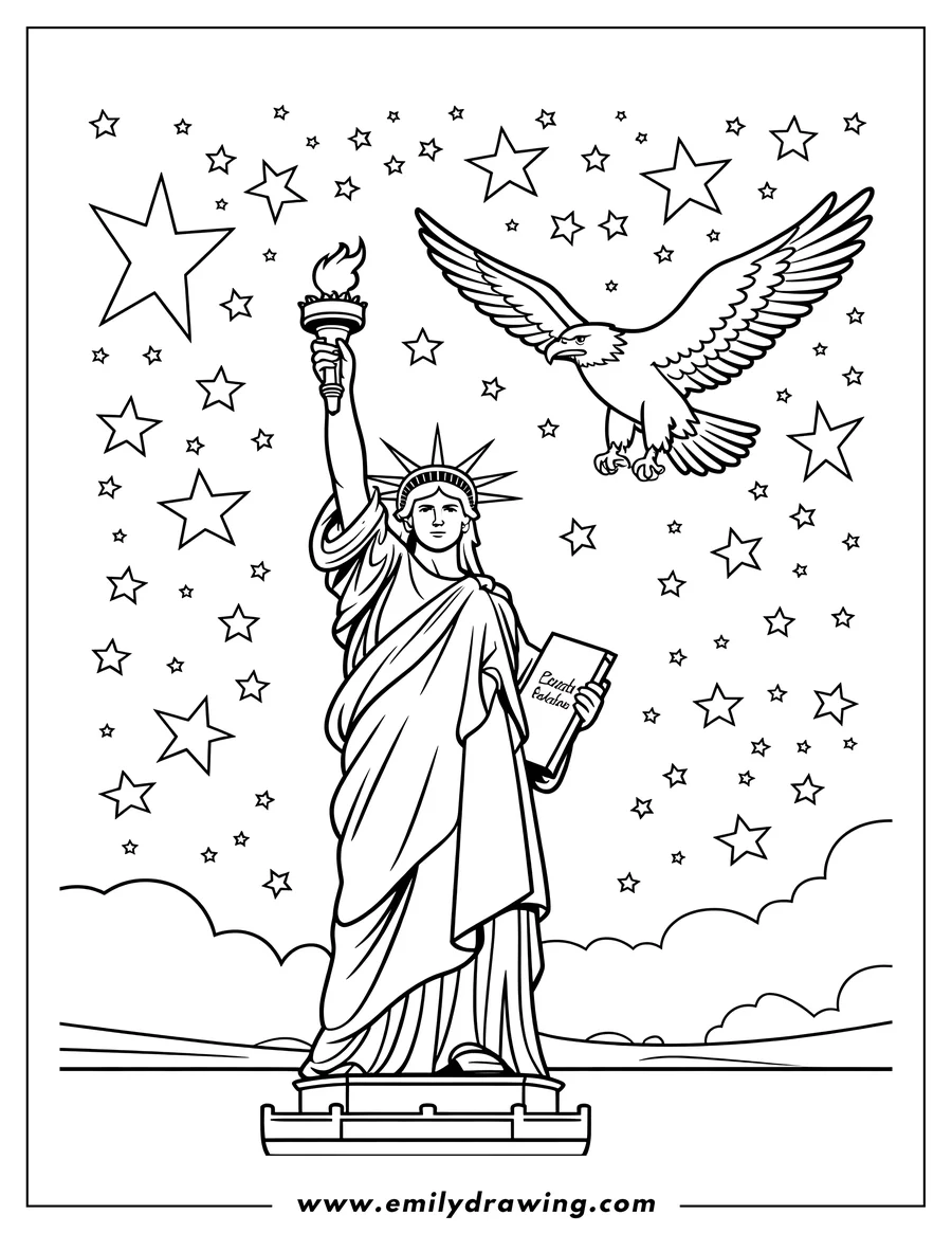 Line art of the Statue of Liberty holding a torch, with an eagle flying nearby and stars in the background.