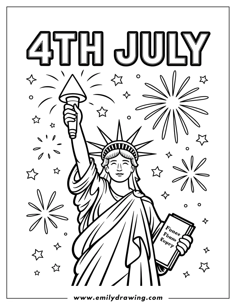 Line art of the Statue of Liberty holding up a firework, surrounded by fireworks and stars. She is also holding a book.