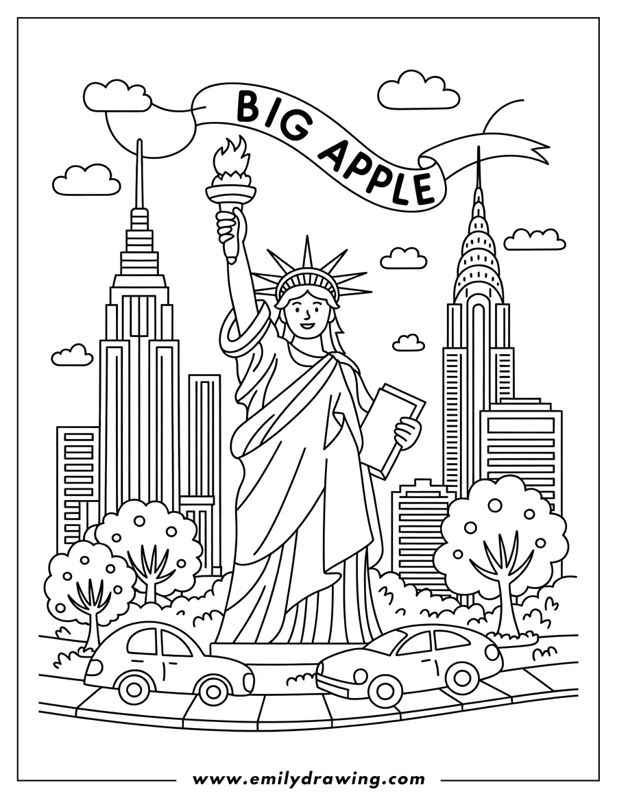 Line art of the Statue of Liberty in New York City with skyscrapers, trees and cars.