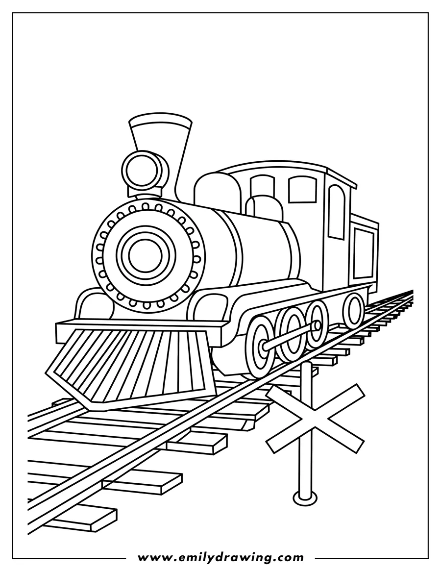 Line art of a steam train approaching a railroad crossing with a crossbuck sign.
