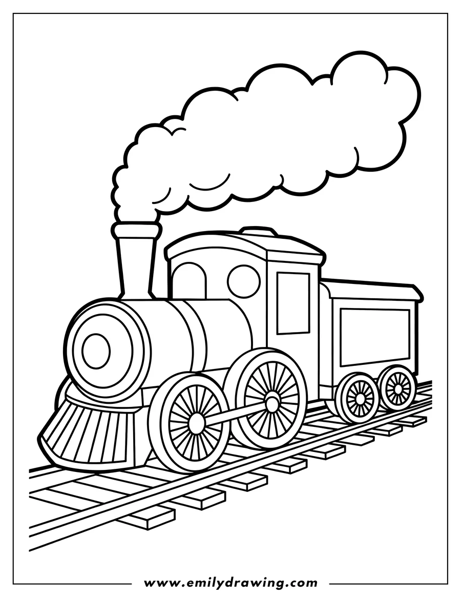 Line art of a classic steam train traveling on railway tracks, puffing smoke from its chimney.