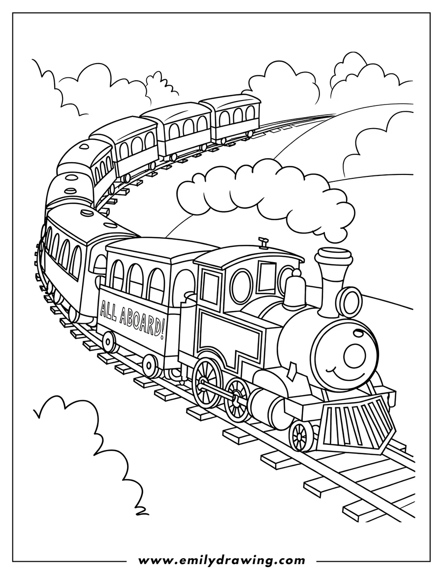 Line art of a steam train with passenger cars traveling on a curving track, puffing out steam.