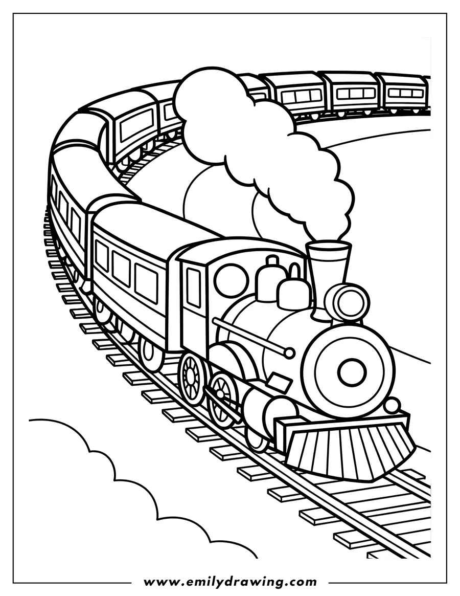 Line art of a steam train with multiple carriages traveling on a railway track.