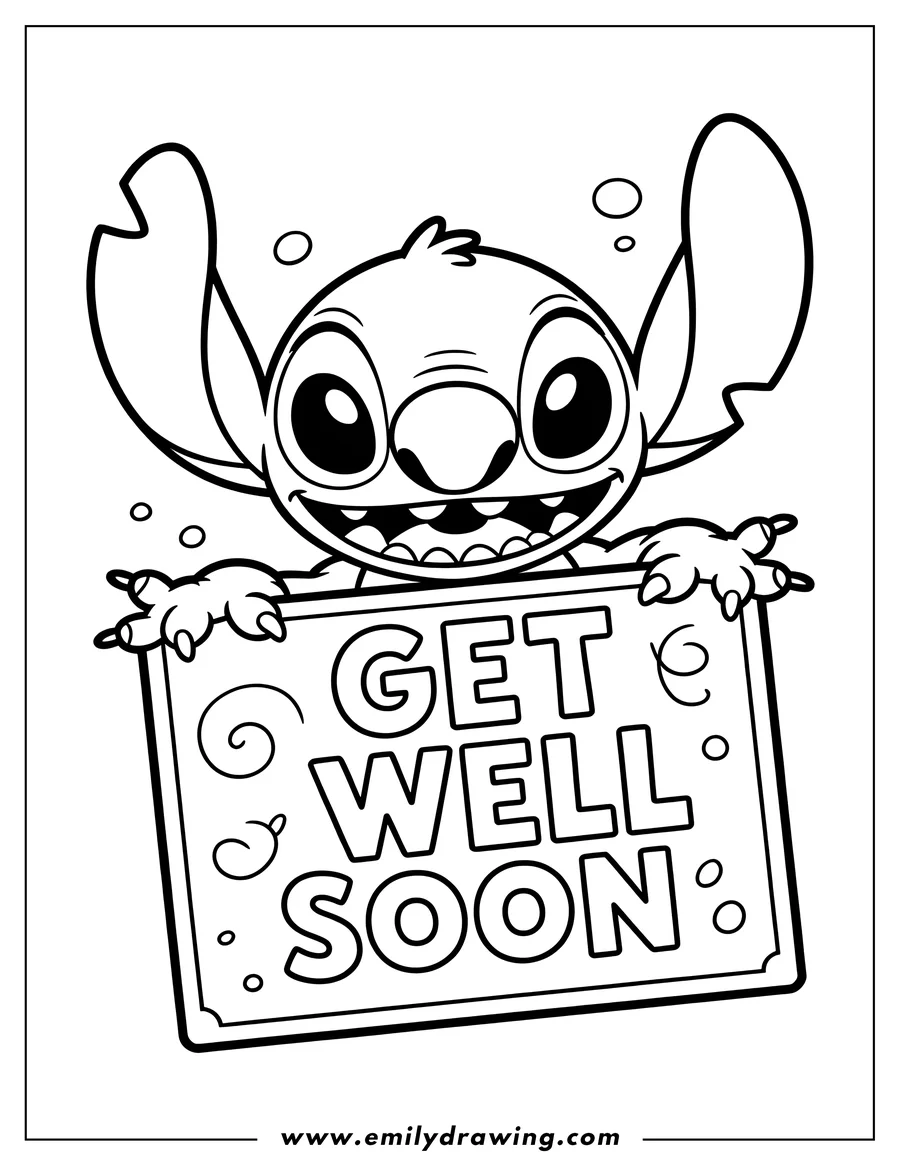 Line art of Stitch from Lilo & Stitch holding a sign reading 'Get Well Soon'.