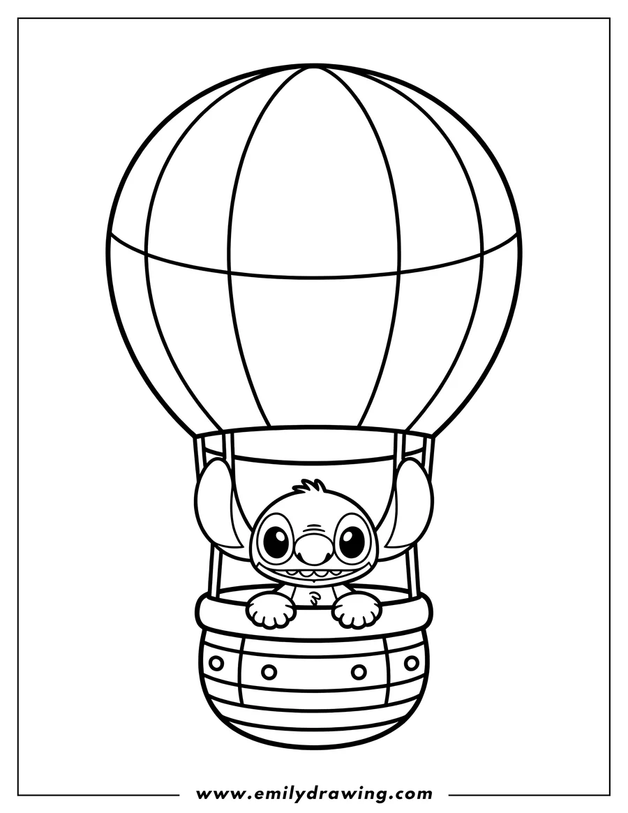 Outline of Stitch riding in a hot air balloon basket.